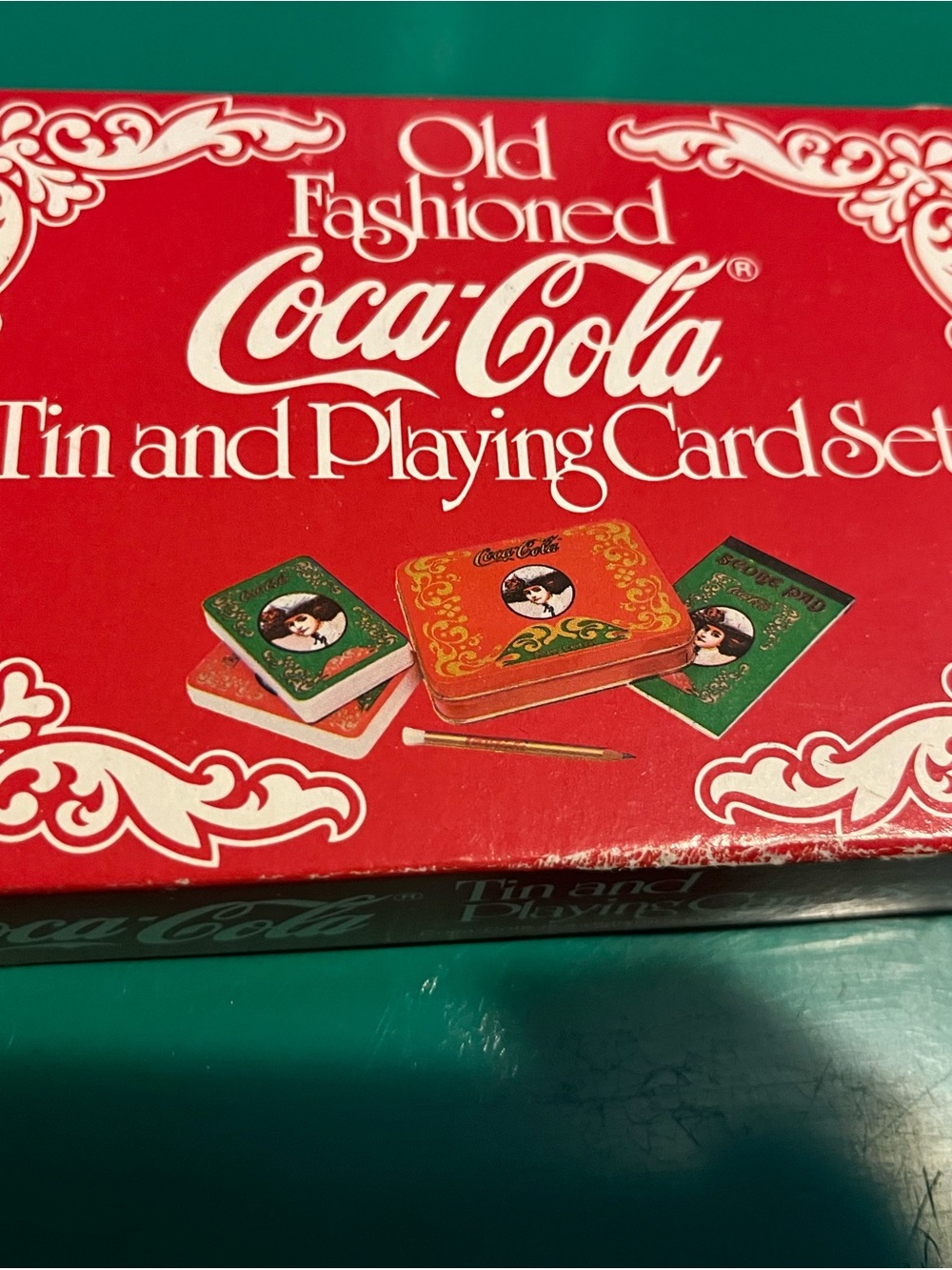 NOS Vintage Coca Cola Red Tin and Playing Card Set